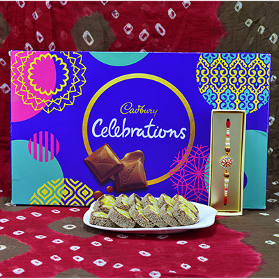 Attractive Diamond Jewel Rakhi with seductive Anjeer Chakra and sapid Cadbury Celebrations