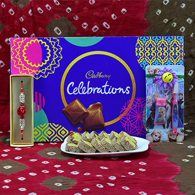 Stunning Flower Design Beads and Cartoon Kids Rakhi with Luscious Anjeer Chakra with Cadbury Celebrations