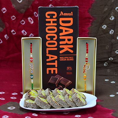 Awesome Eye Catching Veera Printed Rakhi with Yummy Amul Dark Chocolate with Mouthwatering Anjeer Chakra
