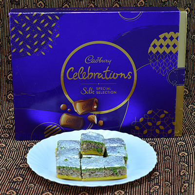 Flavourful Kaju Badam Barfi with Savory Cadbury Celebrations Silk Hamper