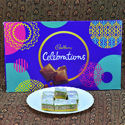 Toothsome Kaju Badam Barfi with Mouthwatering Cadbury Celebrations Hamper