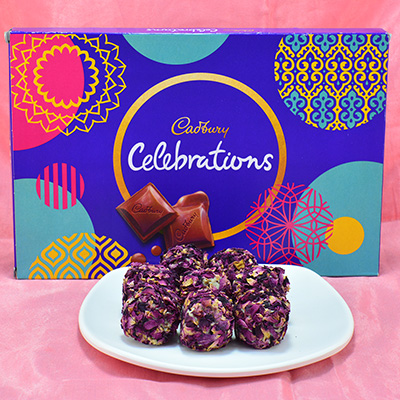 Mouthwatering Kaju Rose Laddu with Delicious Cadbury Celebrations Hamper