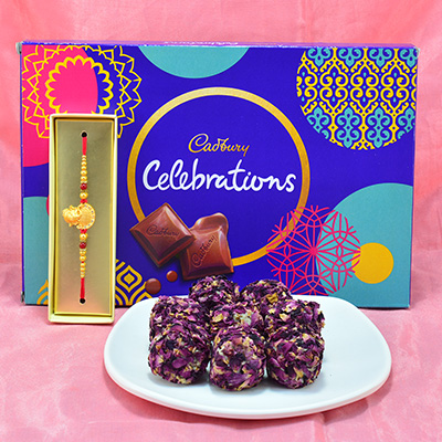 Amazing Golden Theme Rakhi with Appetizing Kaju Rose Laddu with Delicious Cadbury Celebrations Hamper