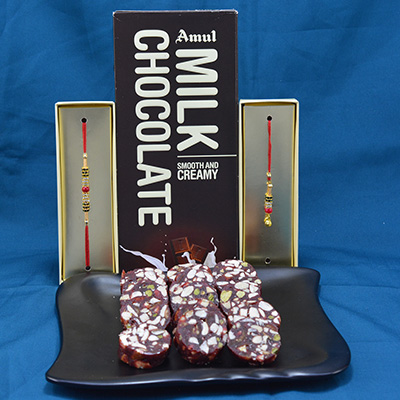 Yummy Amul Dark Chocolates with Piquant Kaju Anjeer Dry Fruits along with Colorful Pearl Beads Rakhi Hamper
