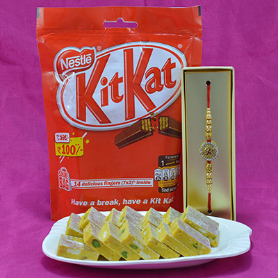 Piquant Kaju Kesar Pista Barfi with Delicious Nestle Kitkat Chocolates along with impressive Rakhi Hamper