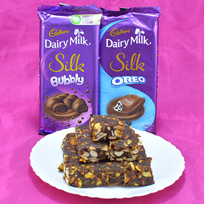 Appetizing Anjeer Dry fruits with Piquant Cadbury Dairy Milk Silk Bubbly and Oreo Chocolates Hamper