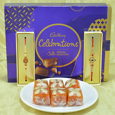 Mouthwatering Karachi Halwa with Luscious Cadbury Celebrations along with Spectacular Rakhi Hamper