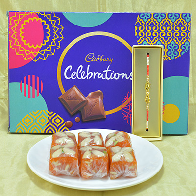 Delicious Cadbury Celebrations with Succulent Karachi Halwa along with Stunning Brother Rakhi Hamper