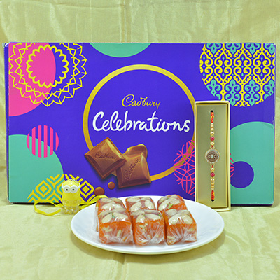 Piquant Cadbury Celebrations with Luscious Karachi Halwa along with Spectacular Beads Brother Rakhi Hamper