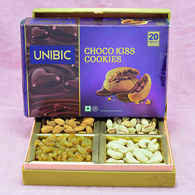 Mouthwatering 4 Types of Dryfruits with Finger Licking Choco Kiss Cookies Hamper