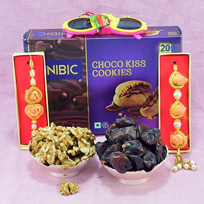 Spectacular Flower Beads Bhaiya Bhabhi Rakhi with Kids Goggles Rakhi and Delicious Choco Kiss Cookies with Two Types of Dry Fruits