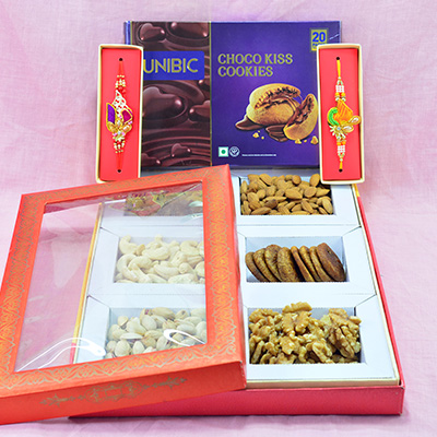 Amazing Rich Look Zardosi Rakhi with Delicious 6 Types of Dry Fruits and seductive Choco Kiss Cookies