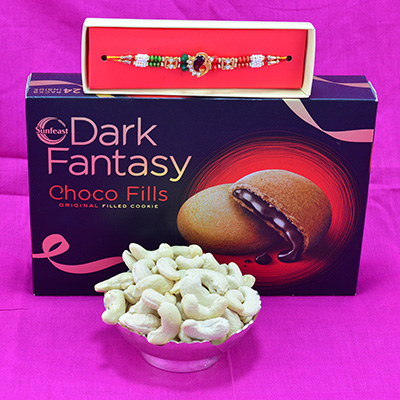 Gorgeous Multicolor Pearl Rakhi with Delicious Kaju Dry Fruits with Finger Licking Dark Fantasy Choco Cookies Hamper