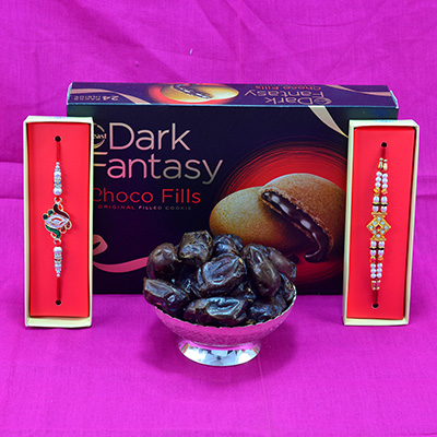 Aristocratic Diamond Stud Jewel Rakhi with Yummy Dark Fantasy Choco Cookies and Tasty Khajur Dry Fruits