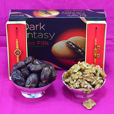 Superb OM Sandalwood Divine Rakhi with Yummy Dark Fantasy Choco Cookies along with Two Types of Dry Fruits Hamper