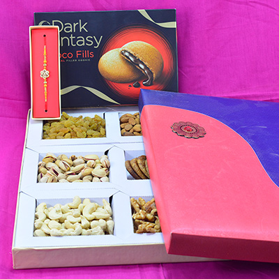 Gorgeous Flower design Beads Rakhi with Luscious 6 Types of Dry Fruits along with Delicious Dark Fantasy Choco Cookies