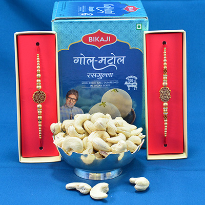 Amazing Sandalwood Beads Rakhi with Tasty Kaju Dry Fruits along with Tasteful Bikaij Gol Matol Rasgulla