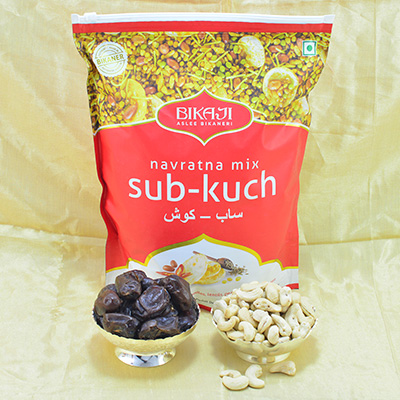 Peppery Bikaji Sab Kuch with Delicious Khajur and Kaju Dry Fruits Hamper