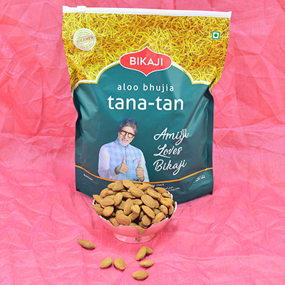 Mouthwatering Bikaji Aloo Bhujia Tana Tan with Delicious Almond Dry Fruit Hamper