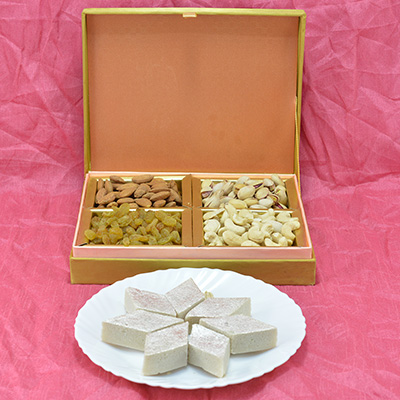 Toothsome 4 Types of Dry fruits with Delicious Badam Barfi Hamper