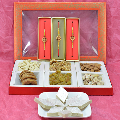 Amazing Rudraksha Beads Rakhi with Delicious Mix Dry Fruit Box along with Luscious Kaju Katli