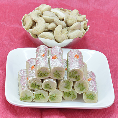 Succulent Kaju Roll with Luscious 2 Type of Dry Fruit along with Diamond Jewel Divine Rakhi Hamper