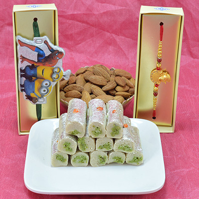 Mouthwatering Kaju Roll with Two Types of Delicious Dry Fruit along with Stunning Golden Beads Rakhi Hamper