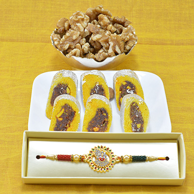 Flavorsome Kaju Rajbahar with Tasty Walnuts along with Round Designer Beads Rakhi
