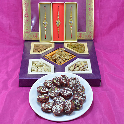 Delicious Kaju Anjeer Dry Fruit with Flavorsome Mix Dry Fruit Box along with Stunning Golden Beads Rakhi Hamper