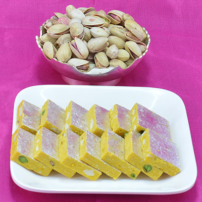 Savory Kaju Kesar Pista Barfi with Delicious Pista Dry Fruit Hamper