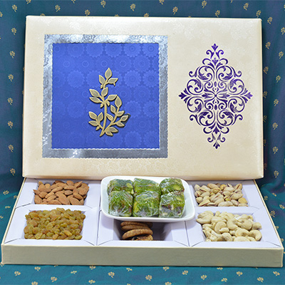 Succulent Kaju Anjeer Halwa with Luscious Mix Dryfruit Box along with Gorgeous Designer Rakhi Hamper