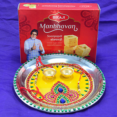 Beautifully Crafted Rakhi Pooja Thali with Delicious Bikaji Manbhavan Soanpapdi