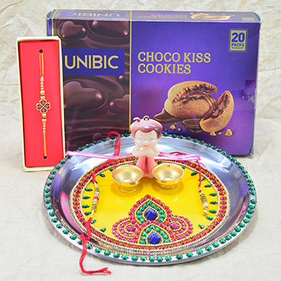 Gorgeous Beads Design Pooja Thali with Delicious Choco Liss Cookies and Kids Rakhi