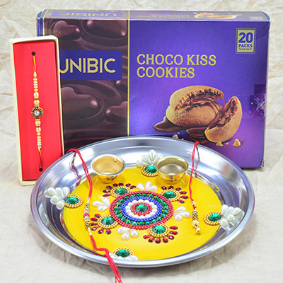 Beautiful Flower Shape Pearl Design Pooja Thali with Awesome Choco Kiss Cookies