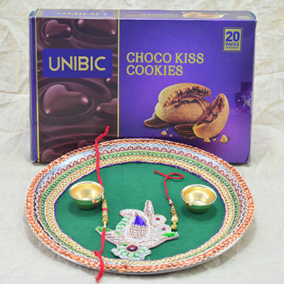 Unique Handmade Design Crafted Pooja Thali with Choco Kiss Cookies