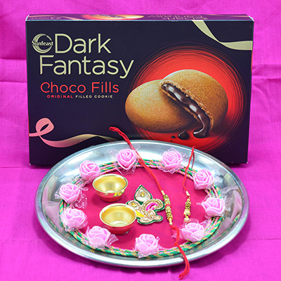 Dark Fantasy Choco Fills with Amazing Looking Pink Base Pooja Thali Hamper