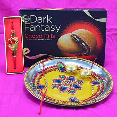 Awesome Looking Rakhi Puja Thali with Sunfiest Dark Fantasy Cookies Packet