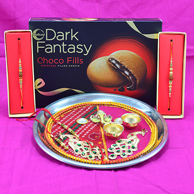 Choco Fills Dark Fantasy By Sunfiest Branded Choco Cookies with Ganesha Studded Auspicious Rakhi Puja Thali
