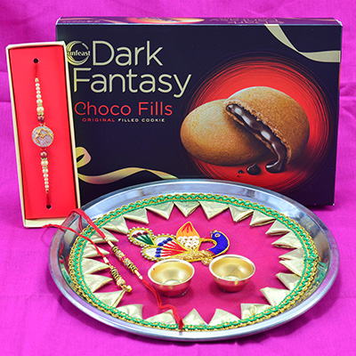 Peacock Design Pink Base New Unique Puja Thali for Raksha Bandhan with Sunfiest Dark Fantasy Choco Cookies Pack
