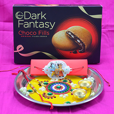 Very Beautiful Rakhi Puja Thali with Best Designer Rakhis and Qualtiy of Choco Dary Fantasy Cookies
