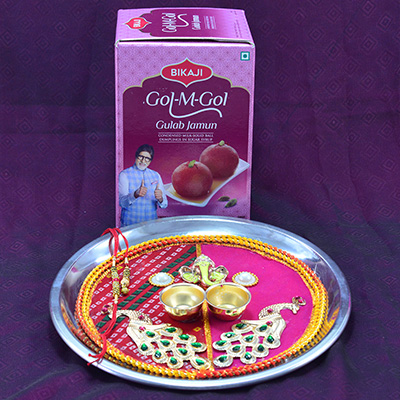 Favorite Bikaji Gulab Jamun Sweet with Rakhi Pooja Thali of Ganesha and Peacock Design