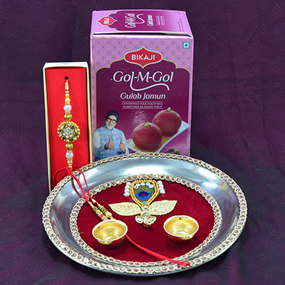 Golden Ganesha and Leaf Design Maroon Base Pooja Thali with Bikaji Branded Gulab Jamun Sweets