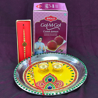Bikaji Gulab Jamun Sweets with Pooja Thali and Rakhis for Raksha Bandhan Pooja Ceremony