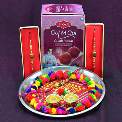 Bikaji Gulab Jamun Sweets along with Colorful Rakhi Puja Thali and Rakhis for Raksha Bandhan Festival