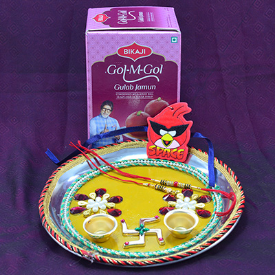 Nicely Design Best Looking Amazing Puja Thali with Gol Matol Bikaji Sweet of Gulab Jamun