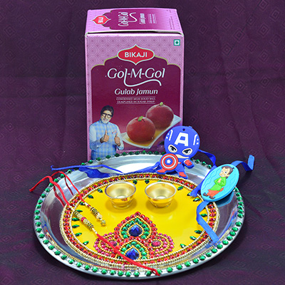 Pan Shape Design Jewel Studded Pooja Thali with Rakhis for Family and Sweets of Bikaji Gulab Jamun