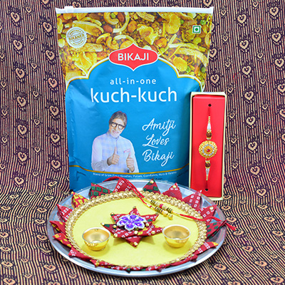 Bikaji All in One Kuch Kuch Mixture Namkeen with Rakhis and Flower in Mid Studded Yellow Base Sacred Rakhi Pooja Thali