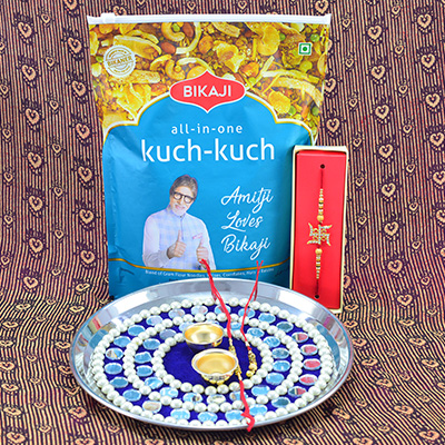 Mirror Studded New Stylish Design Rakhi Pooja Thali with Kuch Kuch Namkeen By Bikaji Brand