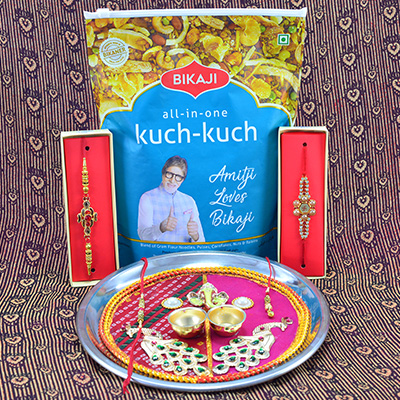 Rakhis for Family with Special Unique Pooja Thali and Bikaji Brand Namkeen Kuch Kuch