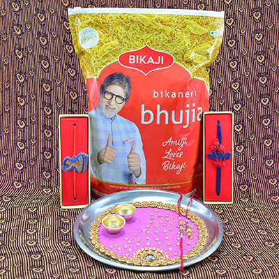 Bikaneri Bhujia by Bikaji Delicious Namkeen with Pink Base Rakhi Puja Thali of New Design